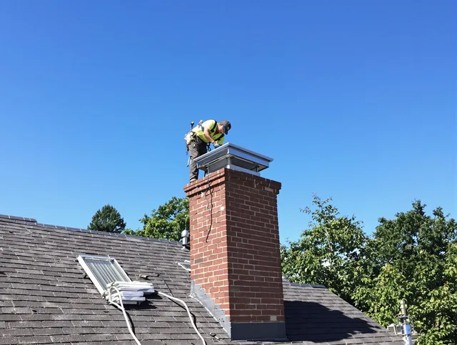 Port Chester Chimney Sweep technician measuring a chimney cap in Port Chester, NY
