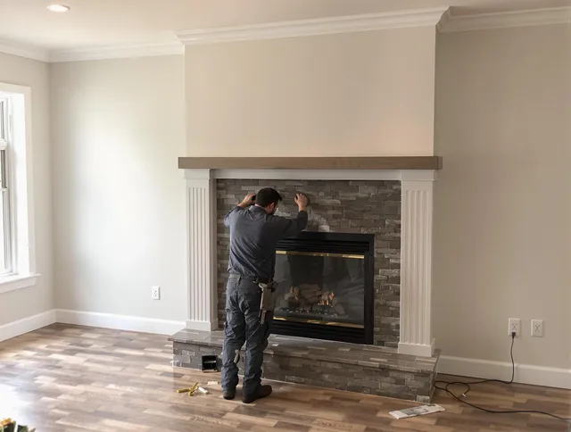 Port Chester Chimney Sweep finishing a custom fireplace install in Port Chester, NY